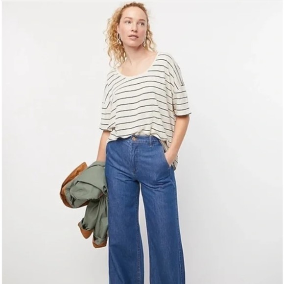 J. Crew Relaxed Linen Drop Shoulder Scoop Neck Stripe Tee Size Medium - Picture 1 of 10